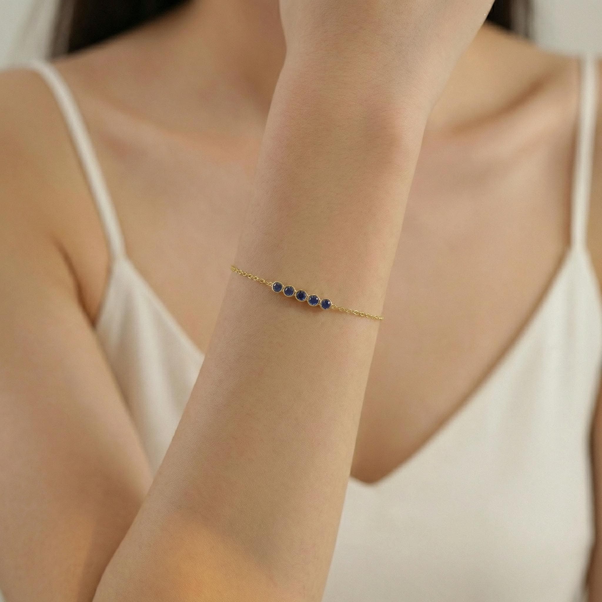 Blue Sapphire Birthstone Bracelet, September Birthstone Jewelry, Dainty Gold Station Chain, Bridesmaid Gift for Her
