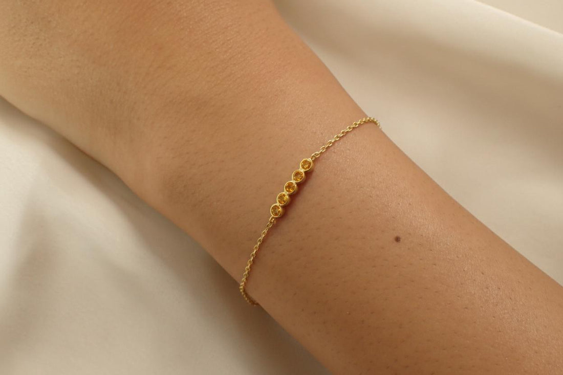 Citrine Birthstone Bracelet, November Birthstone Jewelry, Dainty Gold Station Chain, Personalized Bridesmaid Gift for Her
