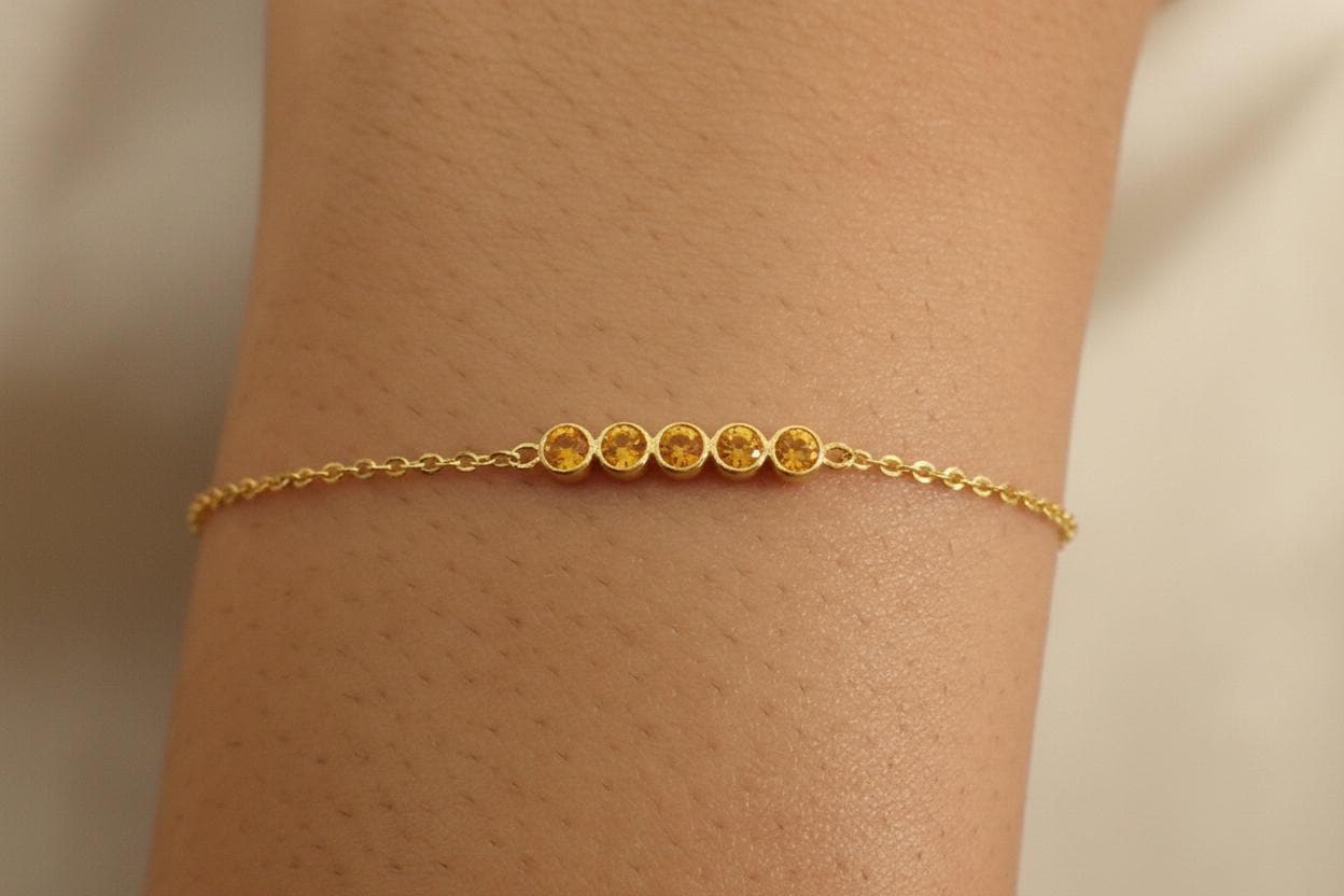 Citrine Birthstone Bracelet, November Birthstone Jewelry, Dainty Gold Station Chain, Personalized Bridesmaid Gift for Her