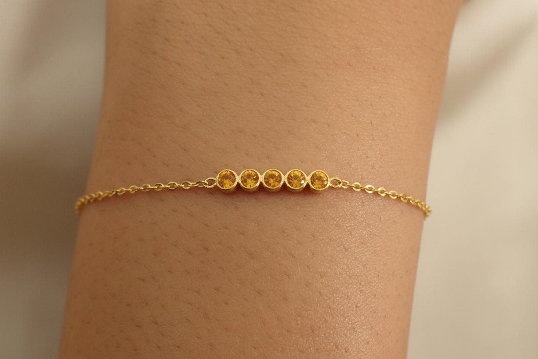Citrine Birthstone Bracelet, November Birthstone Jewelry, Dainty Gold Station Chain, Personalized Bridesmaid Gift for Her