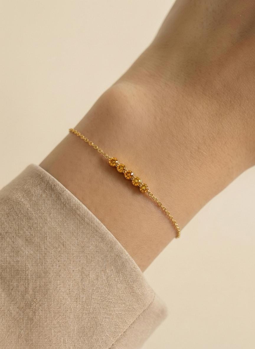 Citrine Birthstone Bracelet, November Birthstone Jewelry, Dainty Gold Station Chain, Personalized Bridesmaid Gift for Her