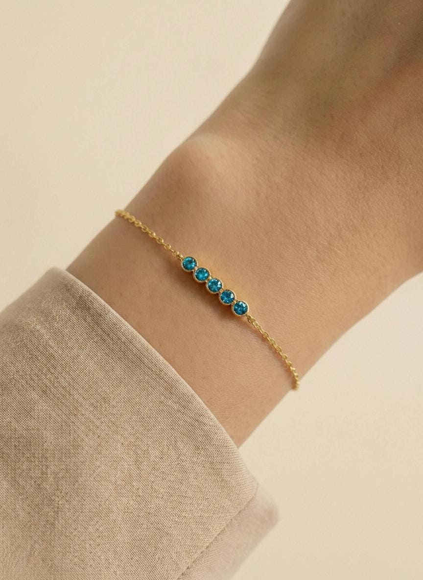 Blue Zircon Birthstone Bracelet, December Birthstone Jewelry, Dainty Gold Bezel Station Chain, Bridesmaid Gift for Her
