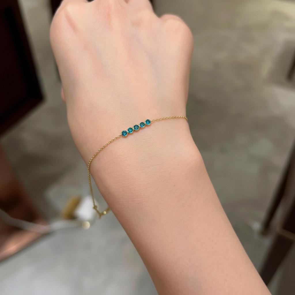 Blue Zircon Birthstone Bracelet, December Birthstone Jewelry, Dainty Gold Bezel Station Chain, Bridesmaid Gift for Her