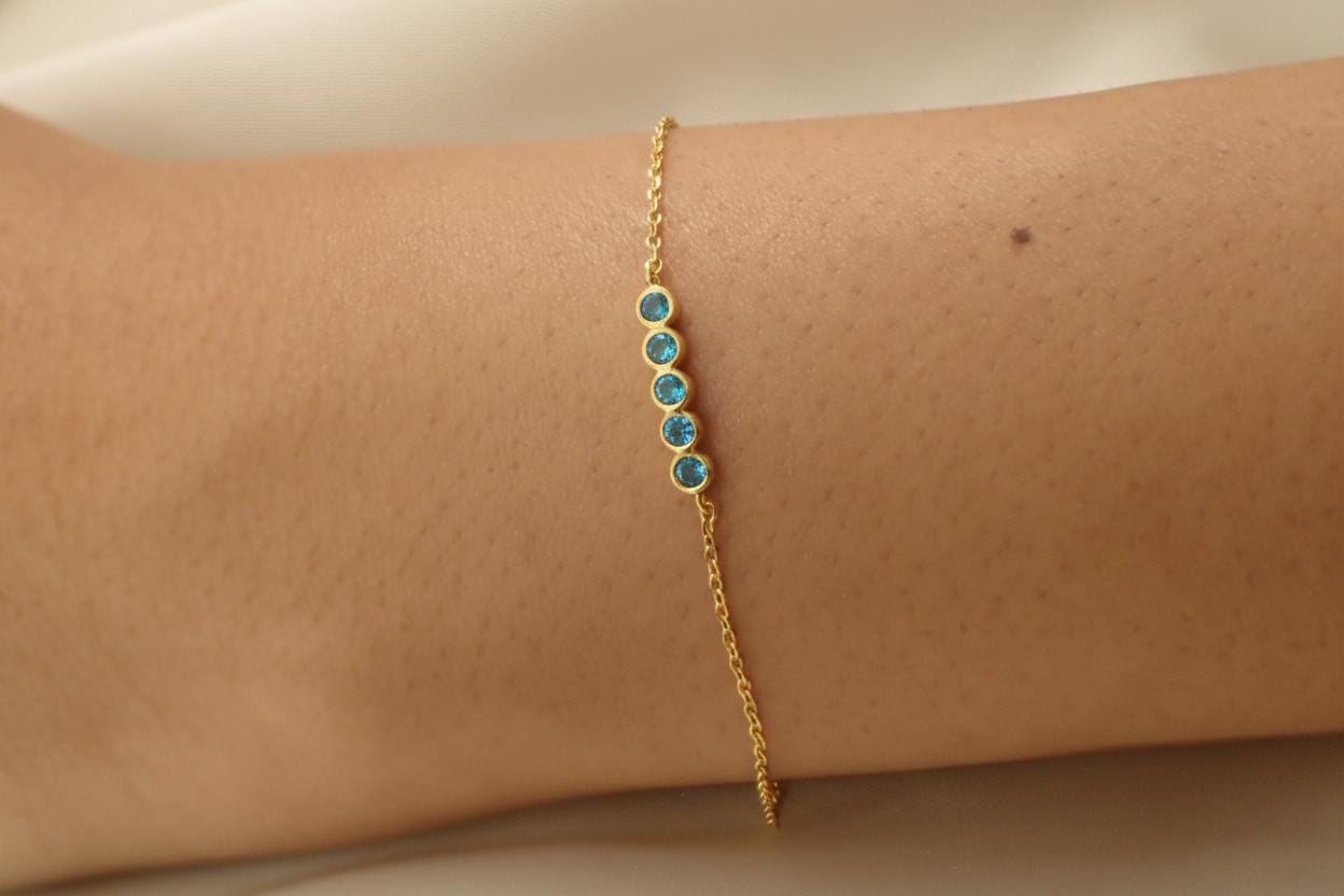 Blue Zircon Birthstone Bracelet, December Birthstone Jewelry, Dainty Gold Bezel Station Chain, Bridesmaid Gift for Her
