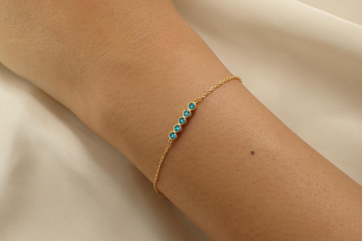 Blue Zircon Birthstone Bracelet, December Birthstone Jewelry, Dainty Gold Bezel Station Chain, Bridesmaid Gift for Her