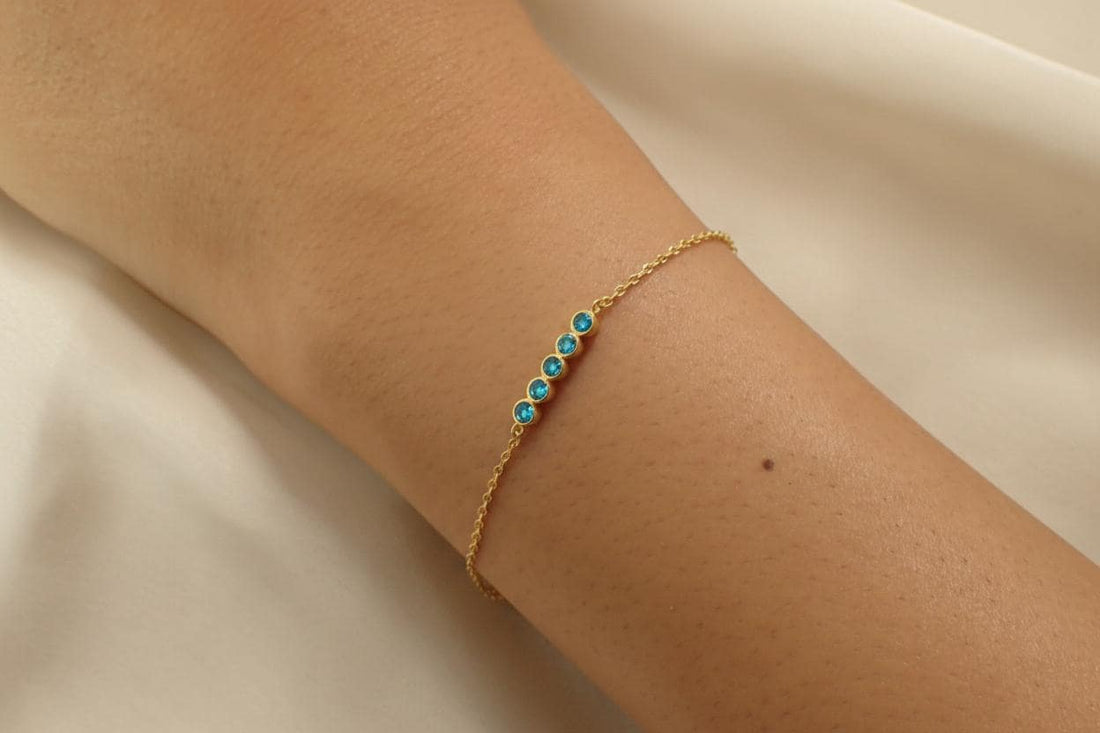 Blue Zircon Birthstone Bracelet, December Birthstone Jewelry, Dainty Gold Bezel Station Chain, Bridesmaid Gift for Her
