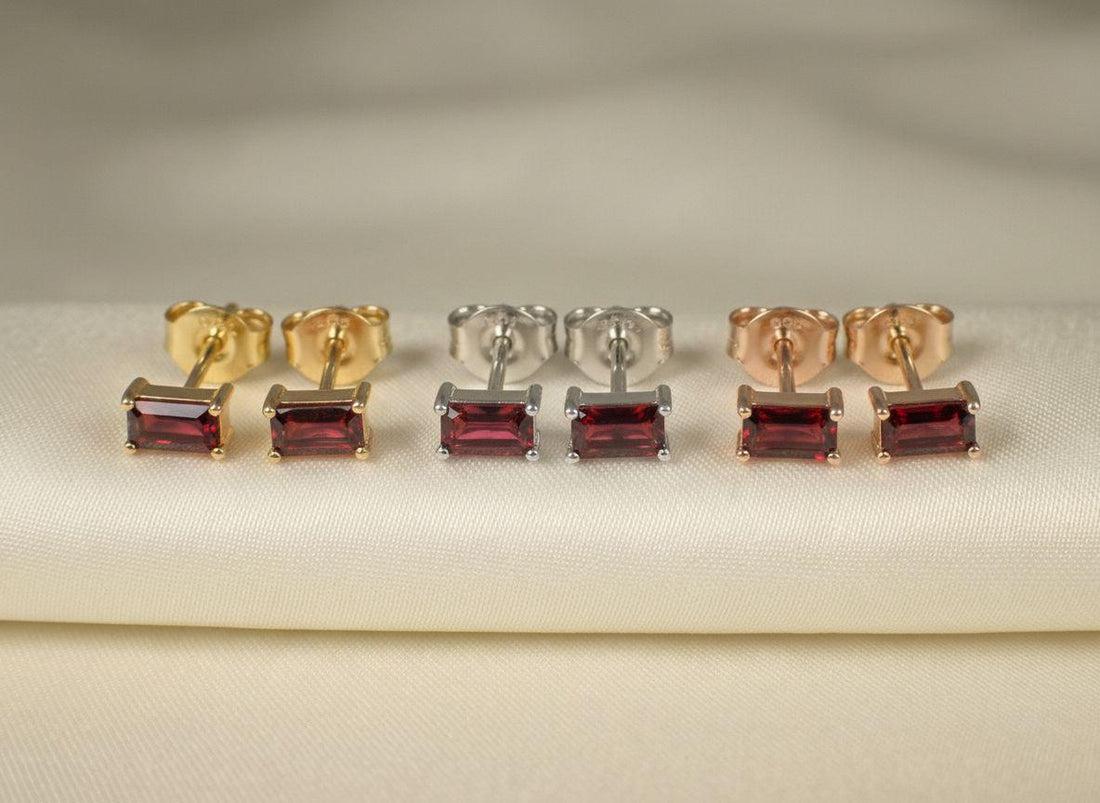 Garnet Pair Of Earrings Deep Red Birthday Gift For Her January Birthstone Jewelry Minimalist Emerald Cut Studs
