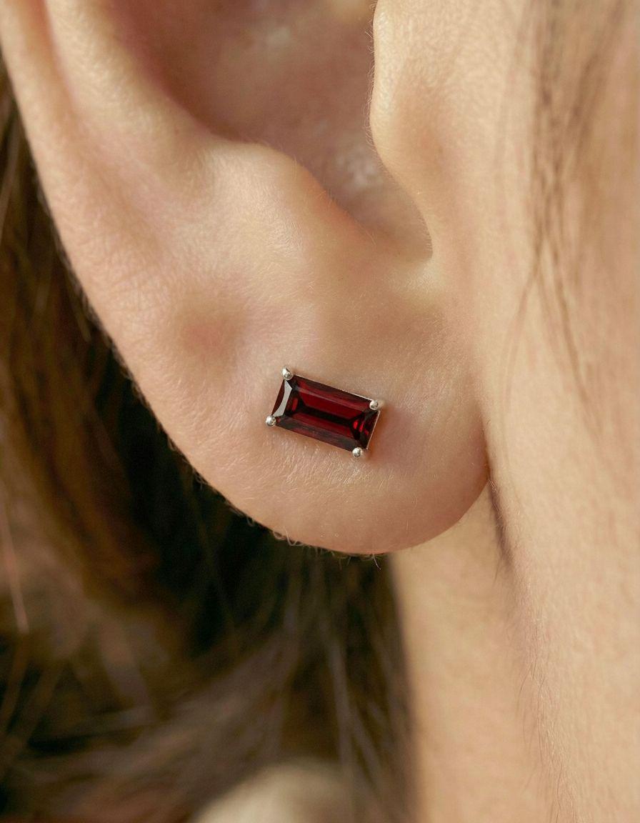 Garnet Pair Of Earrings Deep Red Birthday Gift For Her January Birthstone Jewelry Minimalist Emerald Cut Studs