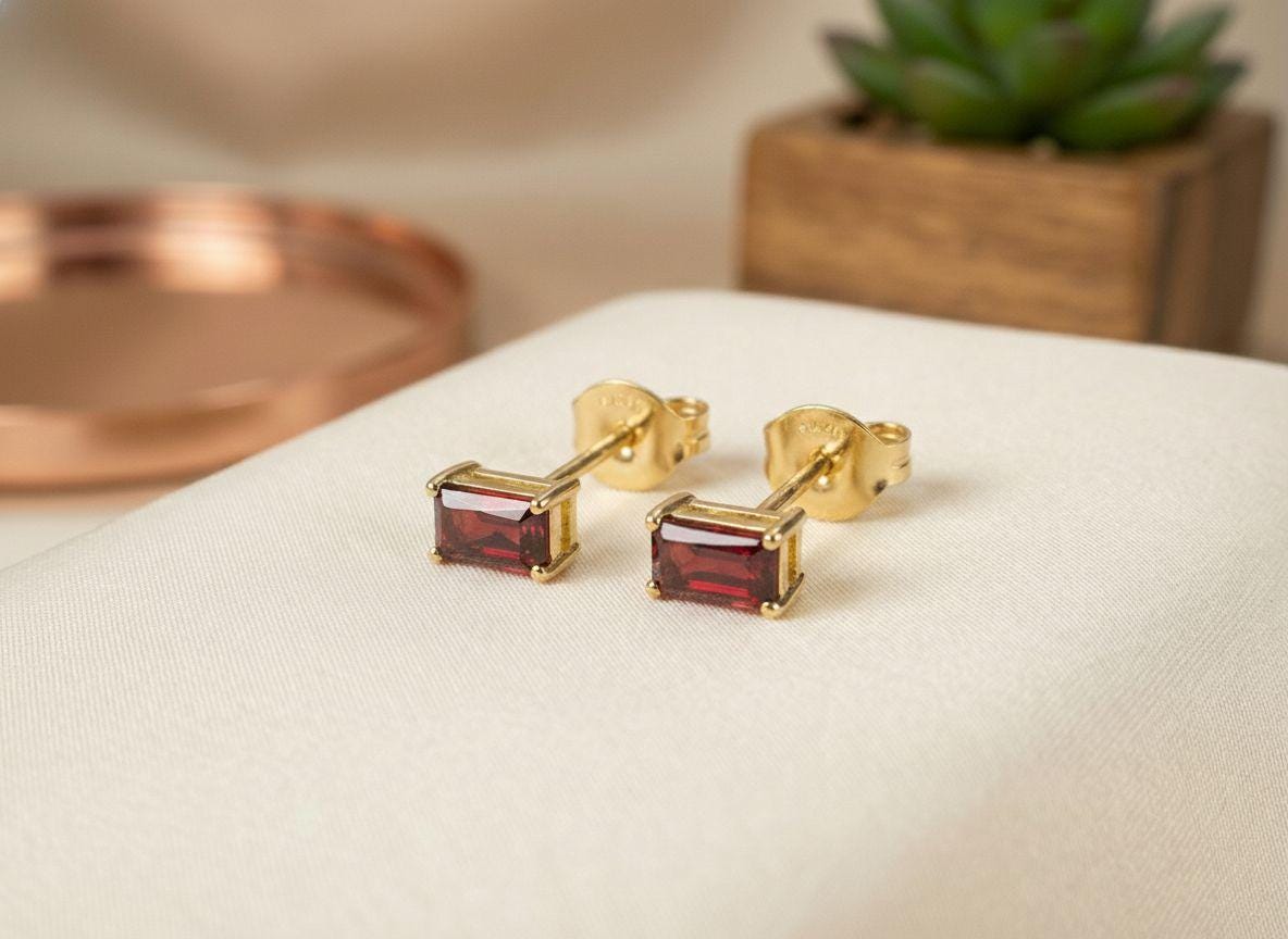 Garnet Pair Of Earrings Deep Red Birthday Gift For Her January Birthstone Jewelry Minimalist Emerald Cut Studs