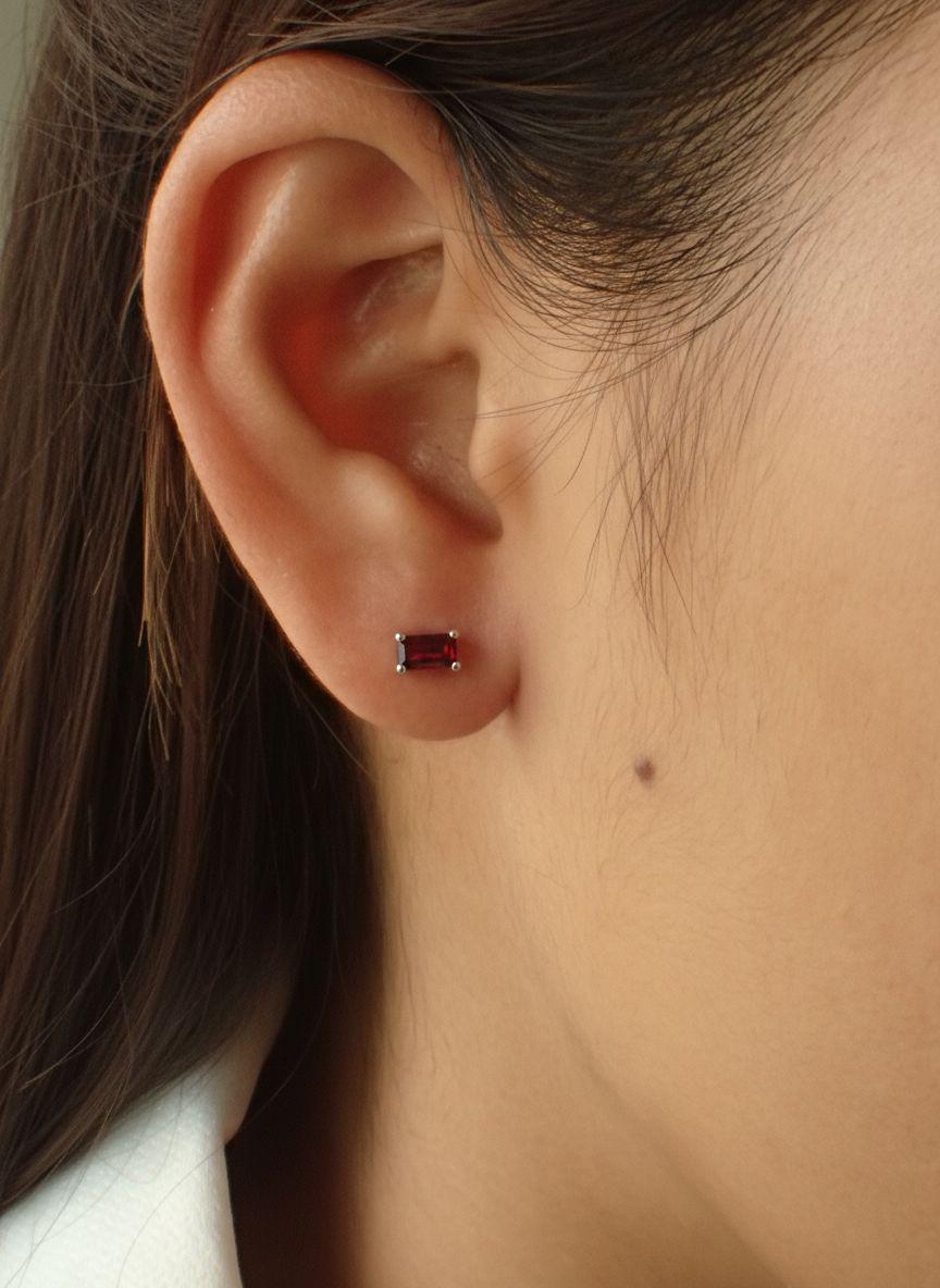 Garnet Pair Of Earrings Deep Red Birthday Gift For Her January Birthstone Jewelry Minimalist Emerald Cut Studs