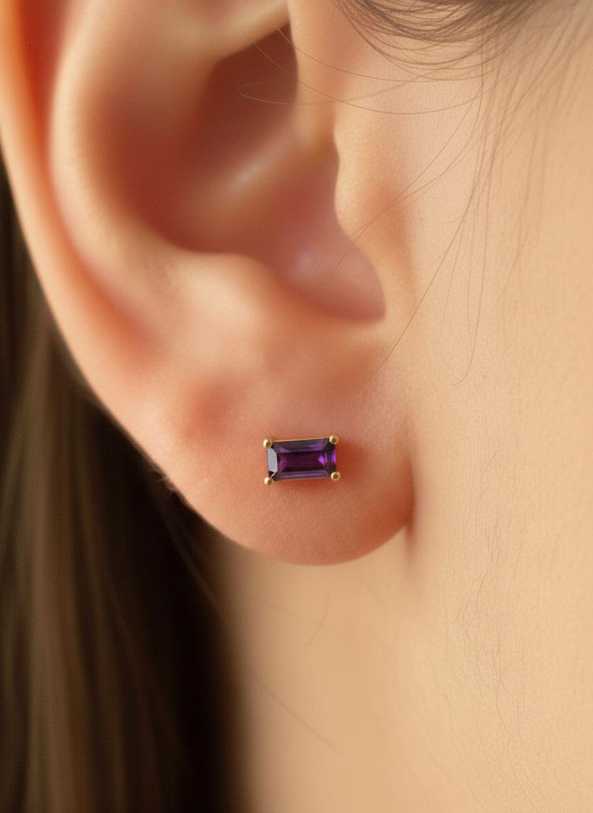 Amethyst Stud Earrings, February Birthstone Jewelry, Dainty Purple Gemstone Studs, Minimalist Birthday Gift for Her