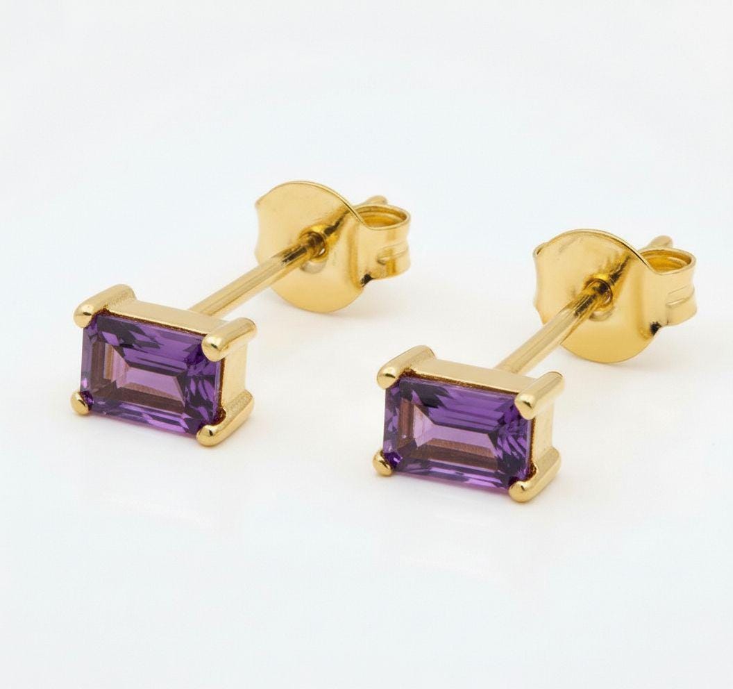 Amethyst Stud Earrings, February Birthstone Jewelry, Dainty Purple Gemstone Studs, Minimalist Birthday Gift for Her