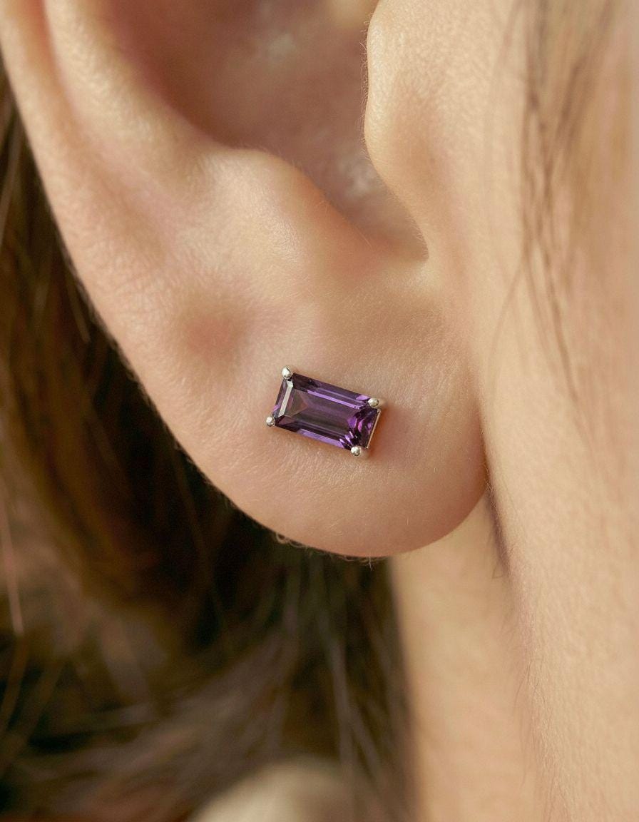 Amethyst Stud Earrings, February Birthstone Jewelry, Dainty Purple Gemstone Studs, Minimalist Birthday Gift for Her