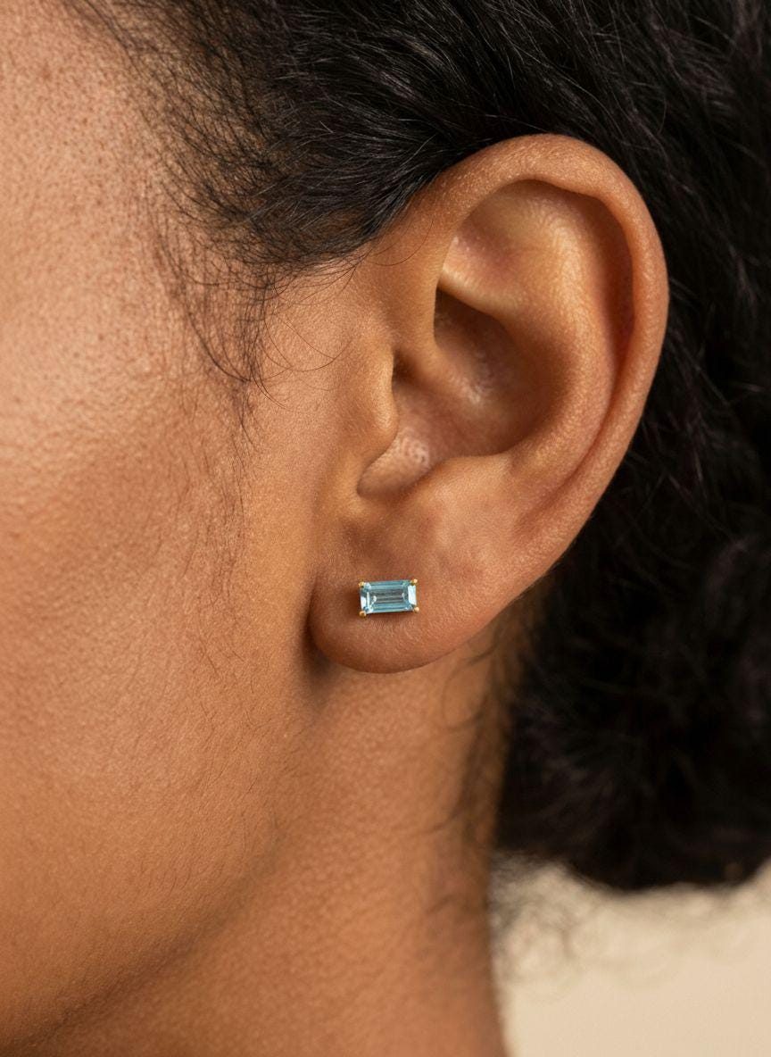Aquamarine Stud Earrings March Birthstone Birthday Gift For Her Minimalist Light Blue Emerald Cut Jewelry