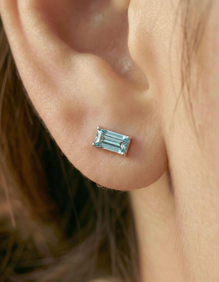 Aquamarine Stud Earrings March Birthstone Birthday Gift For Her Minimalist Light Blue Emerald Cut Jewelry