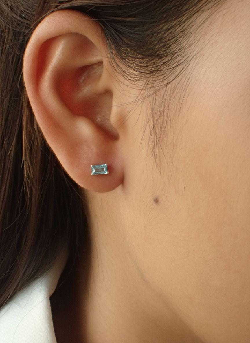 Aquamarine Stud Earrings March Birthstone Birthday Gift For Her Minimalist Light Blue Emerald Cut Jewelry