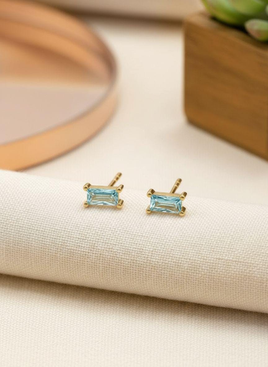 Aquamarine Stud Earrings March Birthstone Birthday Gift For Her Minimalist Light Blue Emerald Cut Jewelry