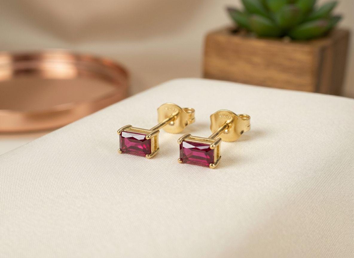 Ruby Pair Of Earrings Birthday Gift For Her Emerald Cut Red Gemstone Studs Minimalist July Birthstone Jewelry