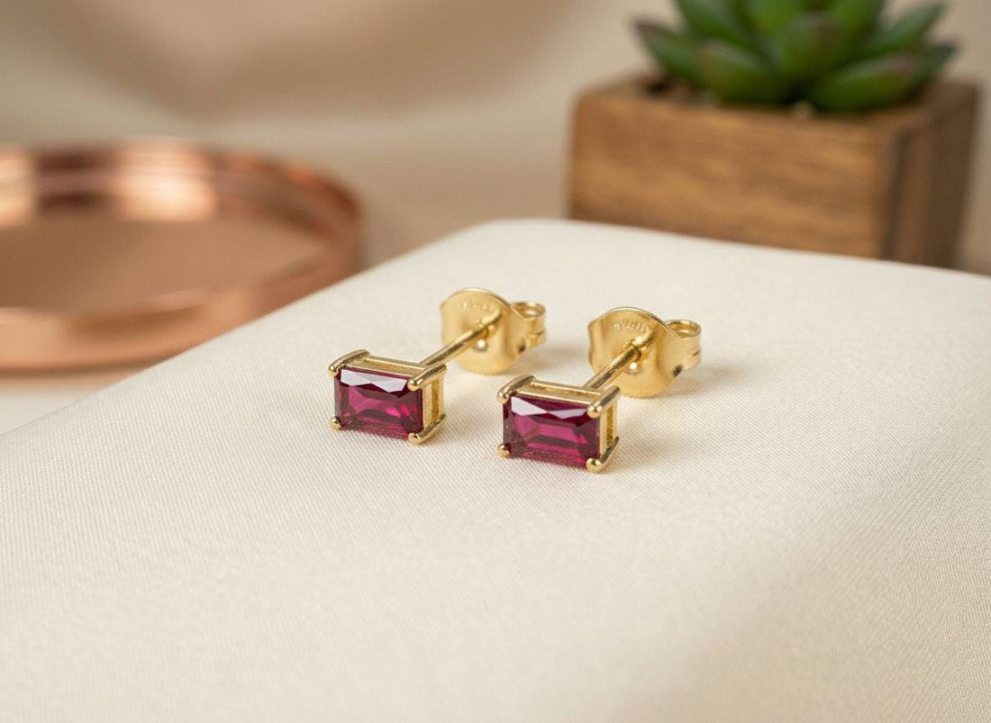 Ruby Pair Of Earrings Birthday Gift For Her Emerald Cut Red Gemstone Studs Minimalist July Birthstone Jewelry