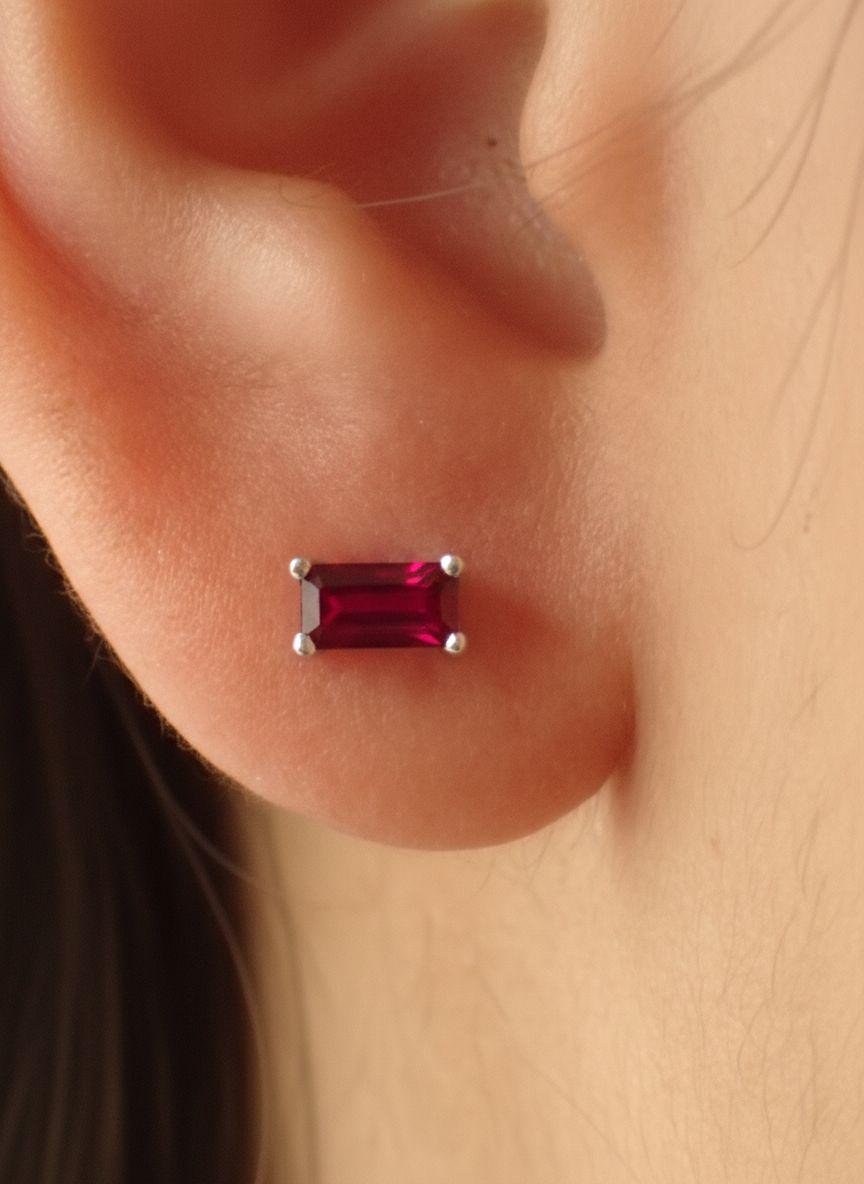Ruby Pair Of Earrings Birthday Gift For Her Emerald Cut Red Gemstone Studs Minimalist July Birthstone Jewelry