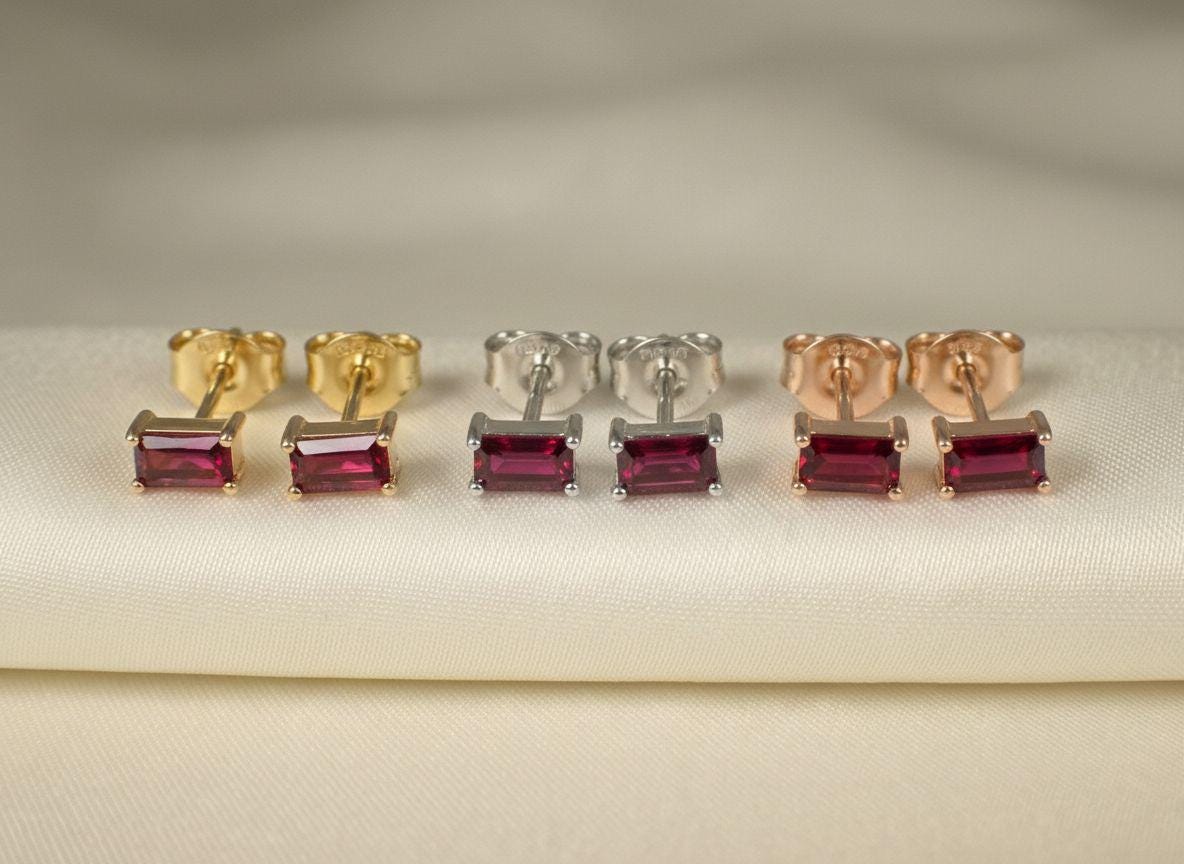 Ruby Pair Of Earrings Birthday Gift For Her Emerald Cut Red Gemstone Studs Minimalist July Birthstone Jewelry