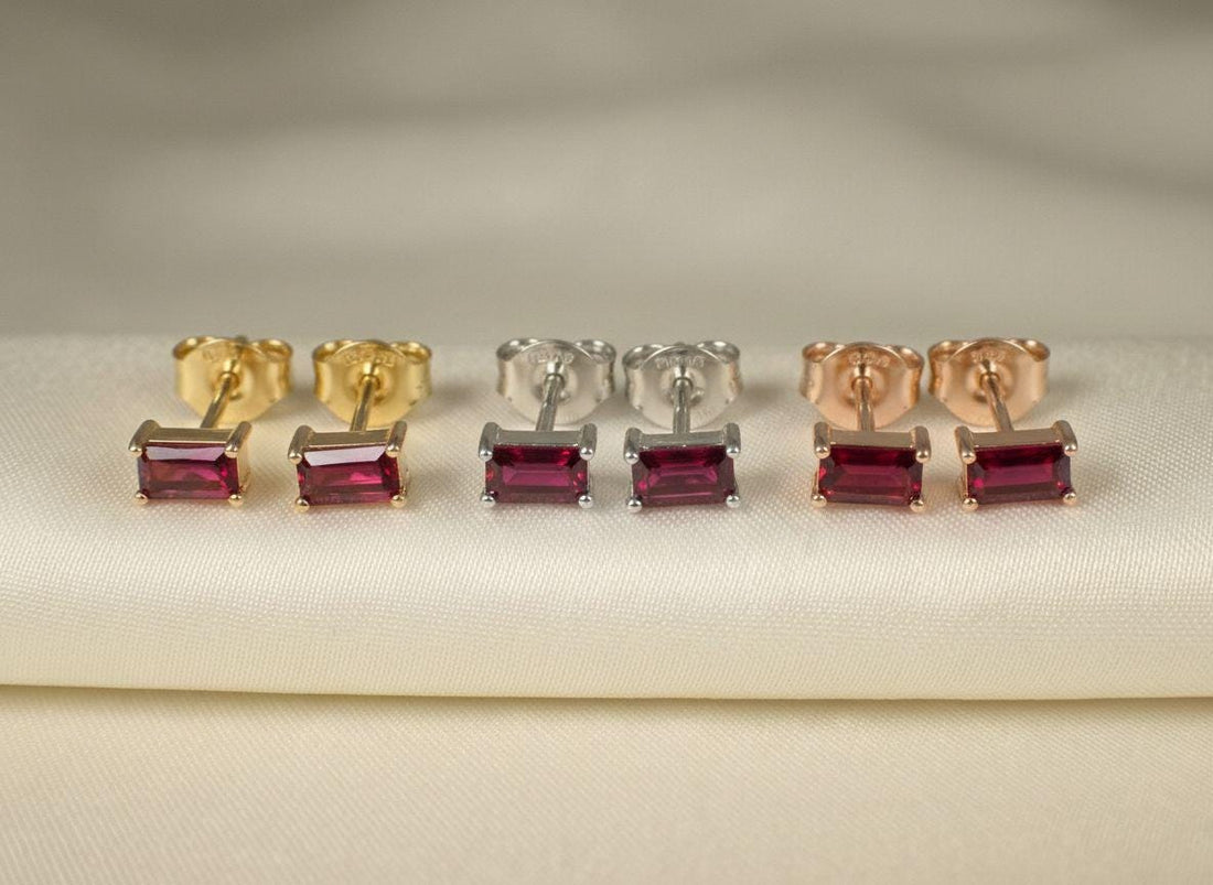 Ruby Pair Of Earrings Birthday Gift For Her Emerald Cut Red Gemstone Studs Minimalist July Birthstone Jewelry