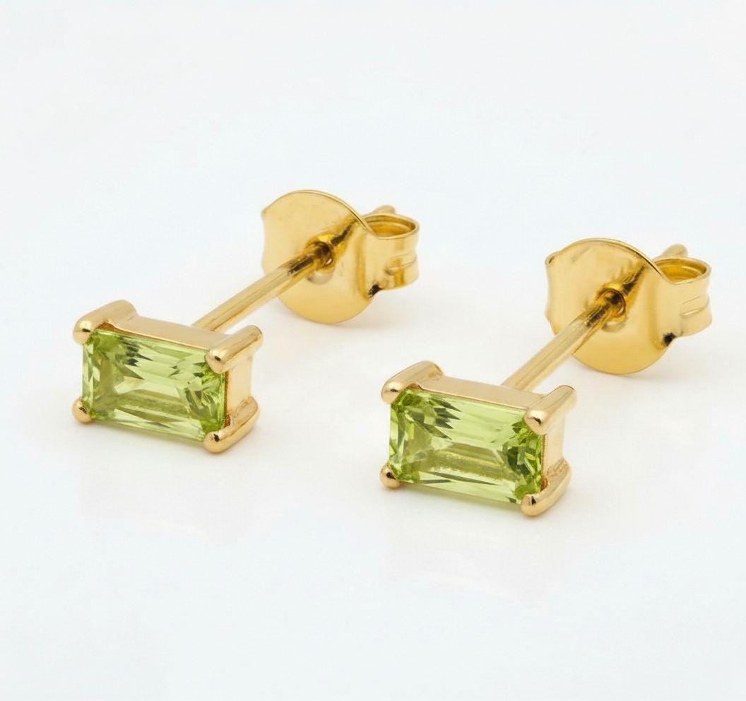 Peridot Pair Of Earrings August Birthday Gift For Her Lime Green Emerald Cut Studs