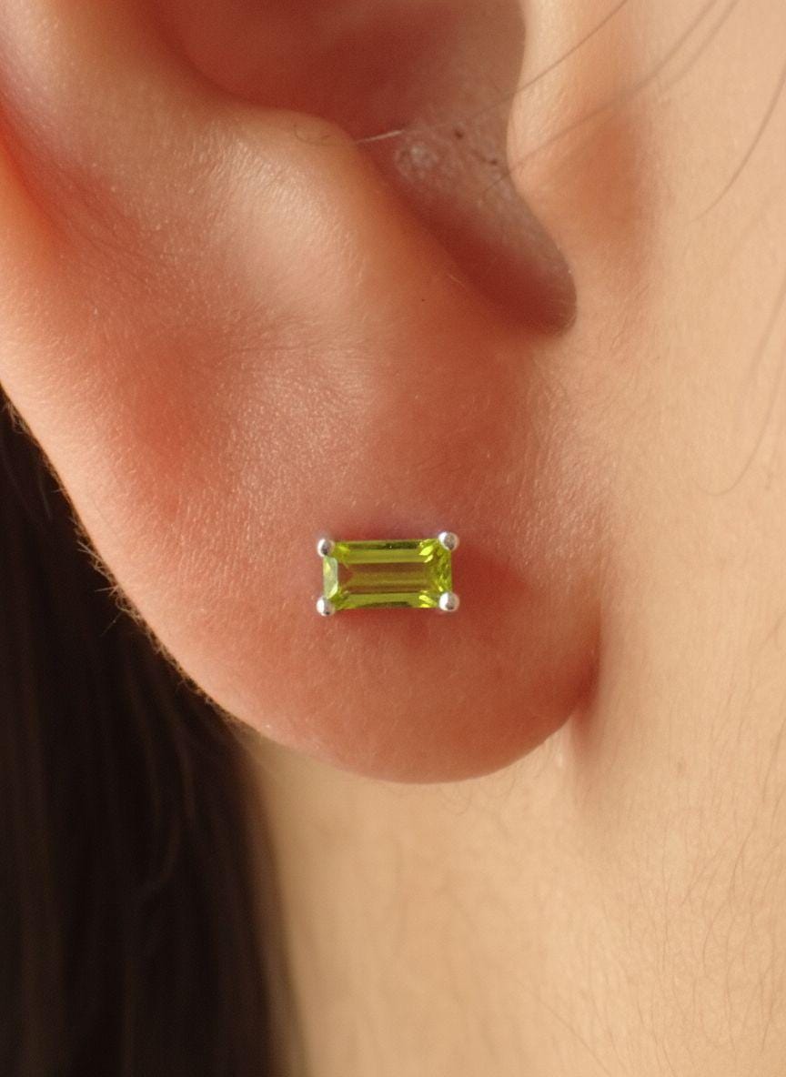 Peridot Pair Of Earrings August Birthday Gift For Her Lime Green Emerald Cut Studs