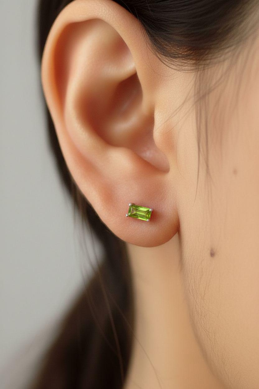 Peridot Pair Of Earrings August Birthday Gift For Her Lime Green Emerald Cut Studs
