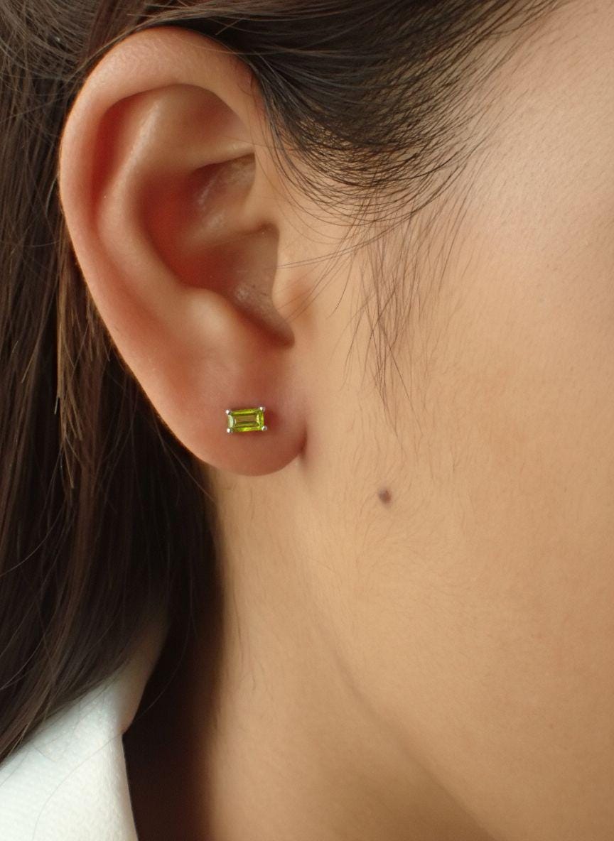 Peridot Pair Of Earrings August Birthday Gift For Her Lime Green Emerald Cut Studs