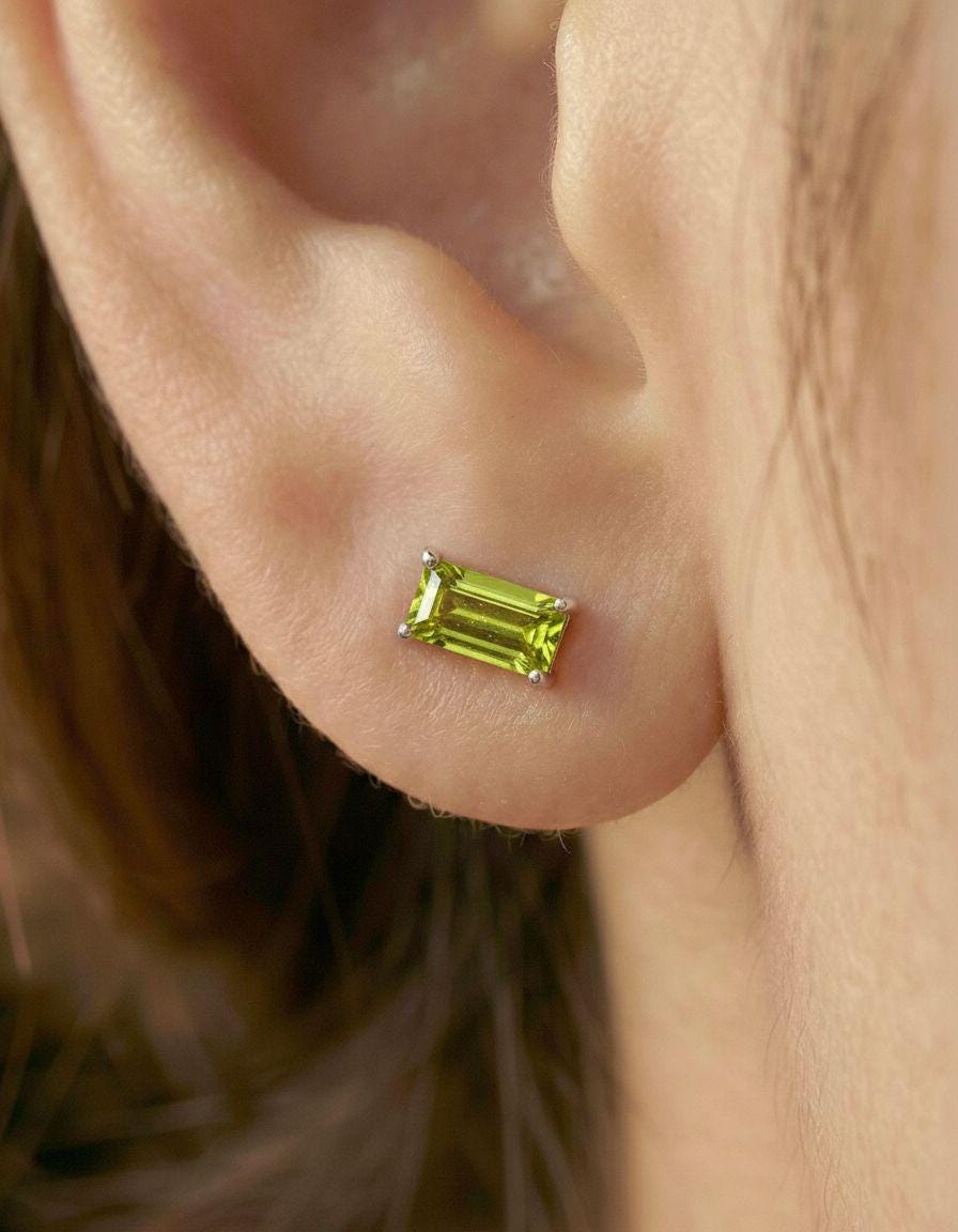 Peridot Pair Of Earrings August Birthday Gift For Her Lime Green Emerald Cut Studs