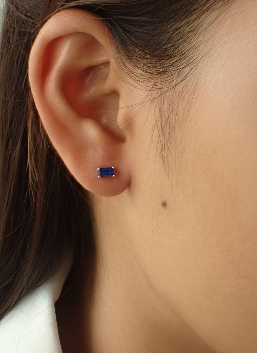 Emerald Cut Blue Sapphire Stud Earrings, September Birthstone Jewelry, Royal Blue Gemstone Studs, Birthday Gift for Her