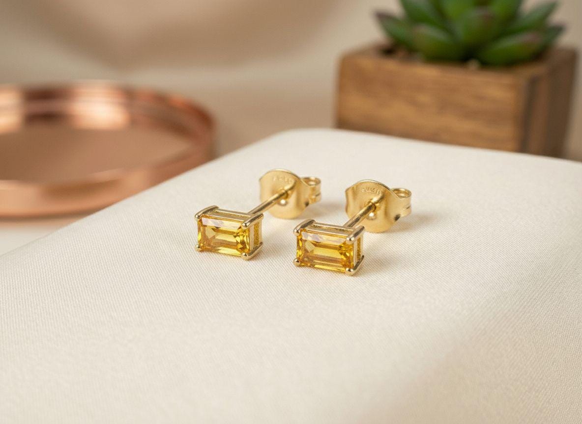 Emerald Cut Citrine Stud Earrings, November Birthstone Jewelry, Dainty Yellow Gemstone Earrings, Birthday Gift for Her