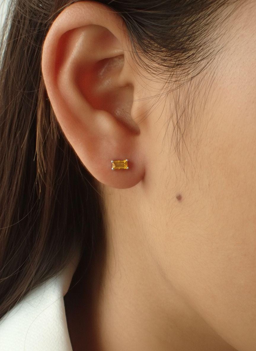 Emerald Cut Citrine Stud Earrings, November Birthstone Jewelry, Dainty Yellow Gemstone Earrings, Birthday Gift for Her