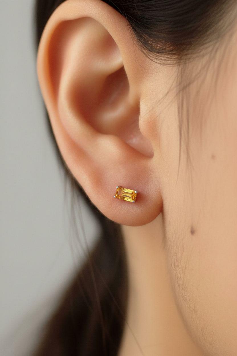 Emerald Cut Citrine Stud Earrings, November Birthstone Jewelry, Dainty Yellow Gemstone Earrings, Birthday Gift for Her