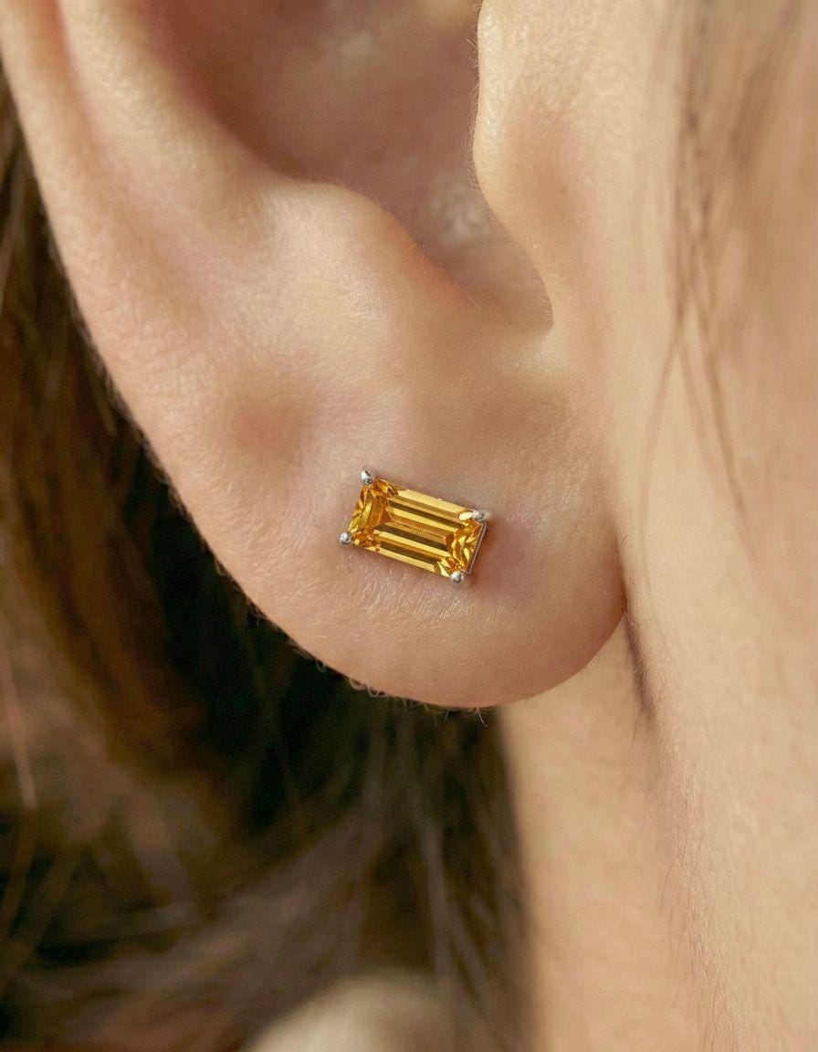 Emerald Cut Citrine Stud Earrings, November Birthstone Jewelry, Dainty Yellow Gemstone Earrings, Birthday Gift for Her