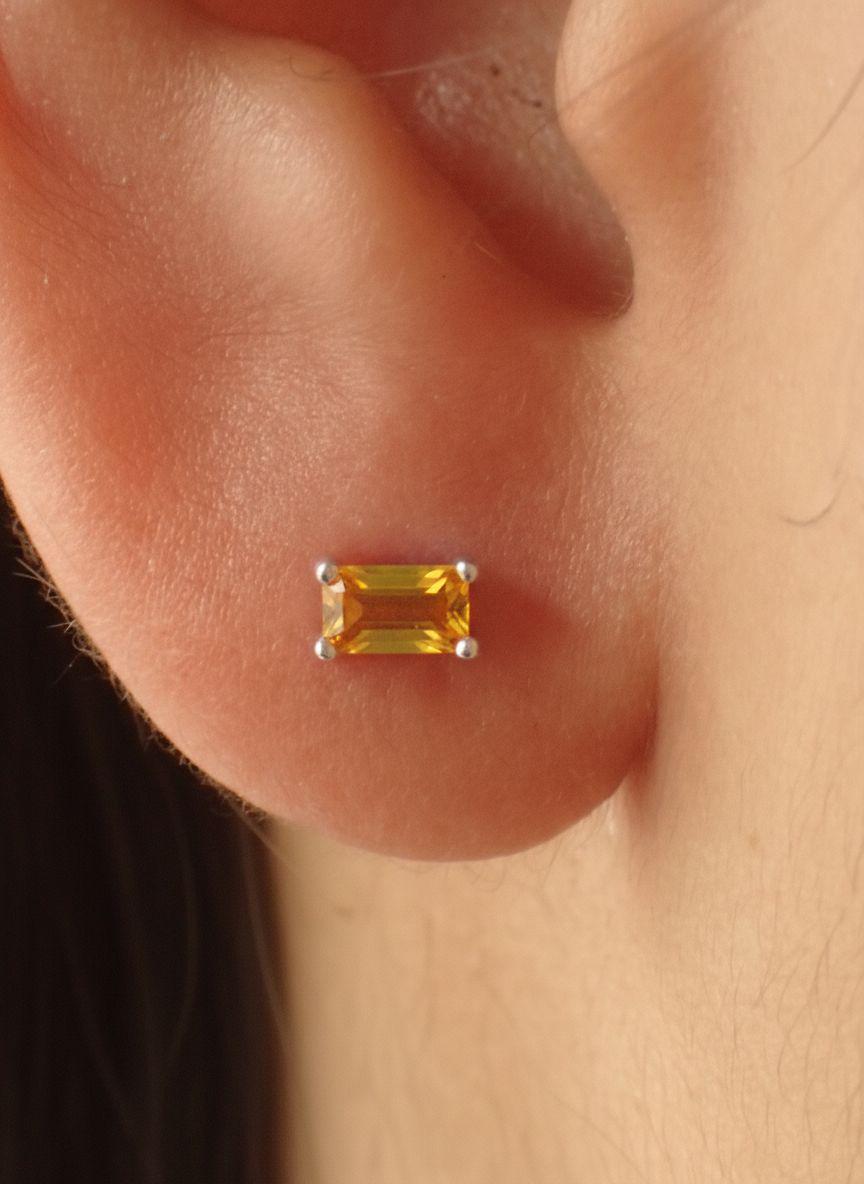 Emerald Cut Citrine Stud Earrings, November Birthstone Jewelry, Dainty Yellow Gemstone Earrings, Birthday Gift for Her