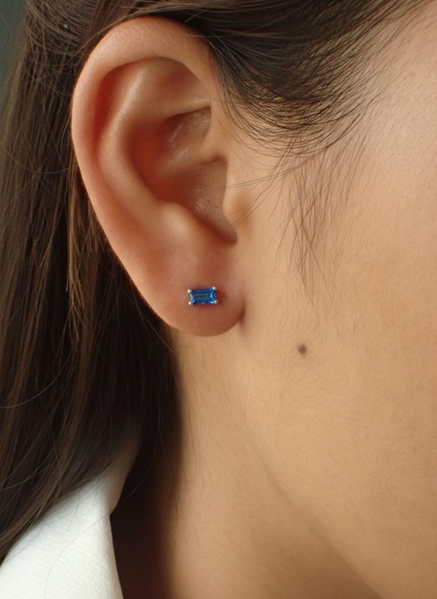 Blue Zircon Stud Earrings, December Birthstone Earrings, Baguette Blue Gemstone Studs, Minimalist Birthday Gift for Her