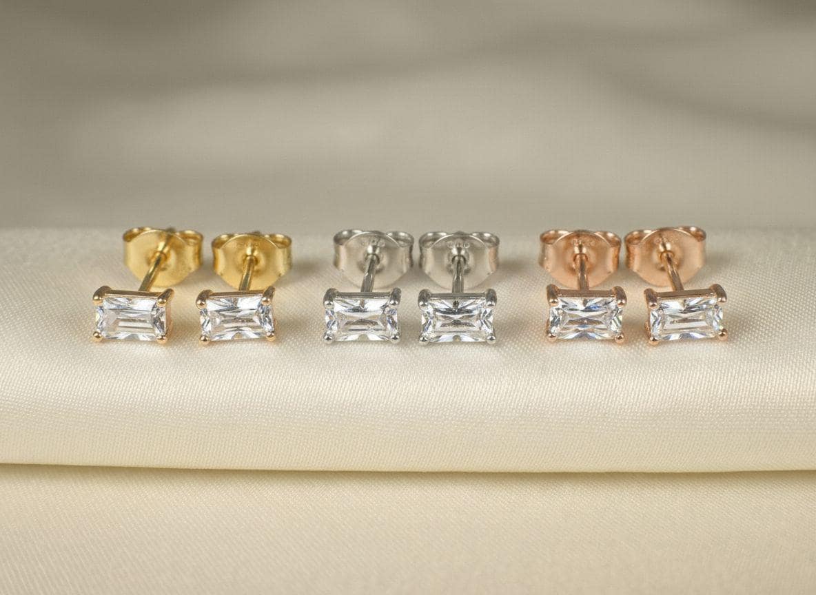 Emerald Cut Moissanite Stud Earrings, Baguette Moissanite Earrings, Dainty Minimalist Studs, Birthday Gift for Her