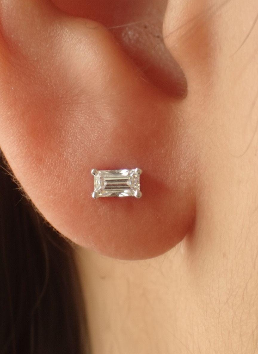 Emerald Cut Moissanite Stud Earrings, Baguette Moissanite Earrings, Dainty Minimalist Studs, Birthday Gift for Her