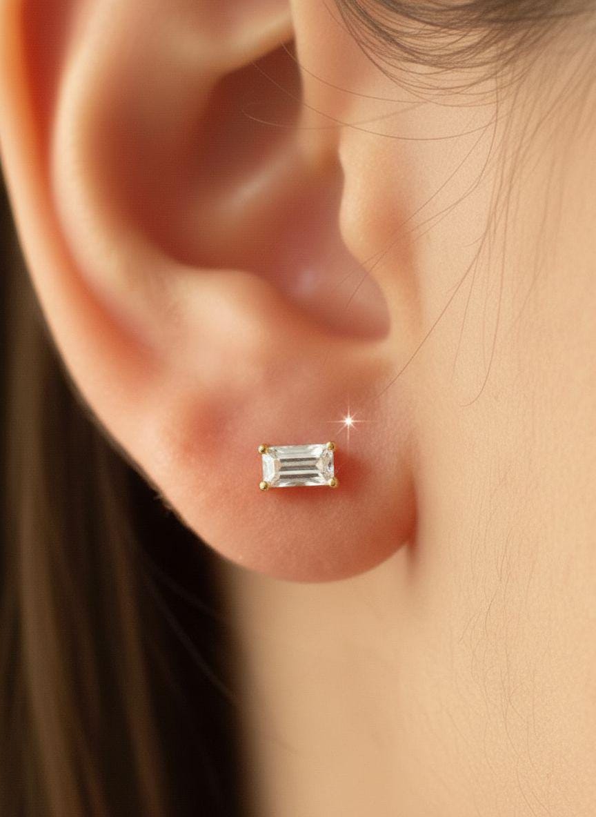Emerald Cut Moissanite Stud Earrings, Baguette Moissanite Earrings, Dainty Minimalist Studs, Birthday Gift for Her