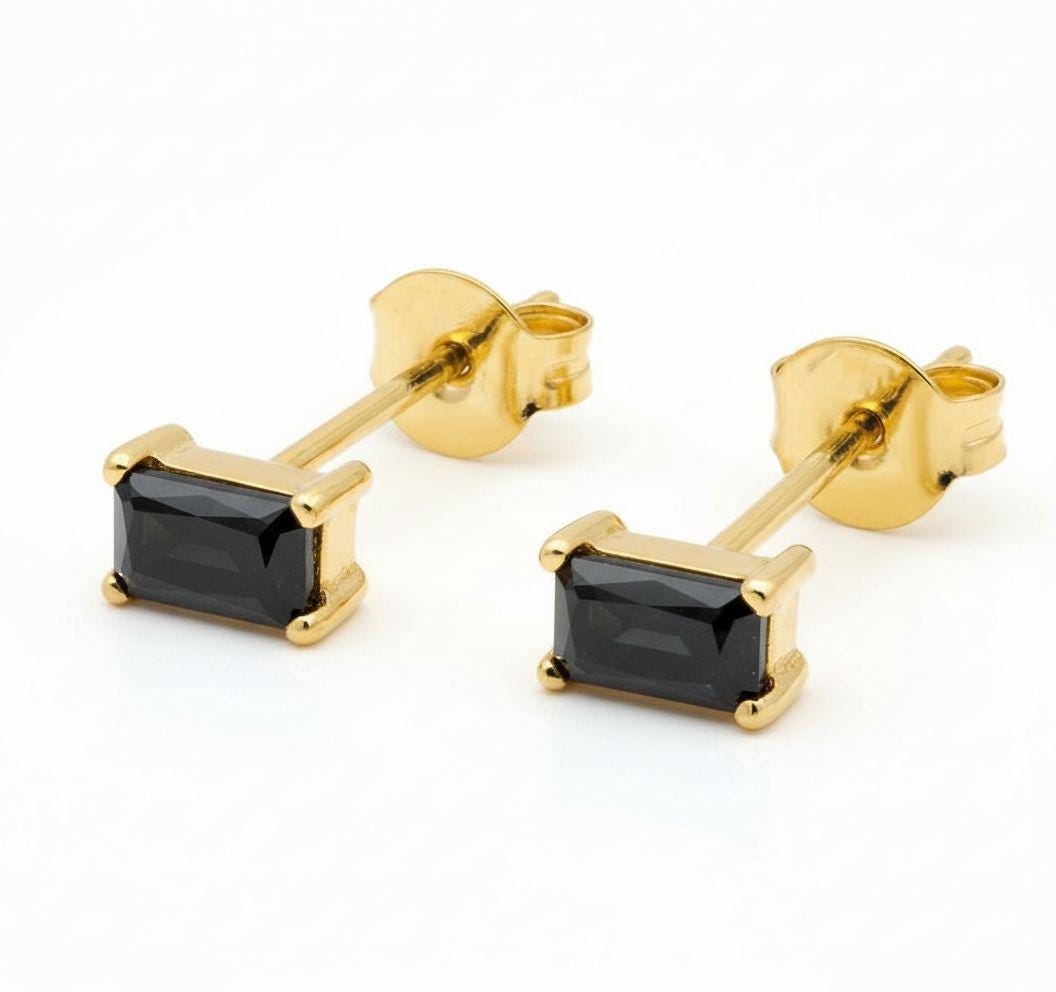 Emerald Cut Black Diamond Stud Earrings, Minimalist Black Gemstone Earrings, Luxury Birthday Anniversary Gift for Her