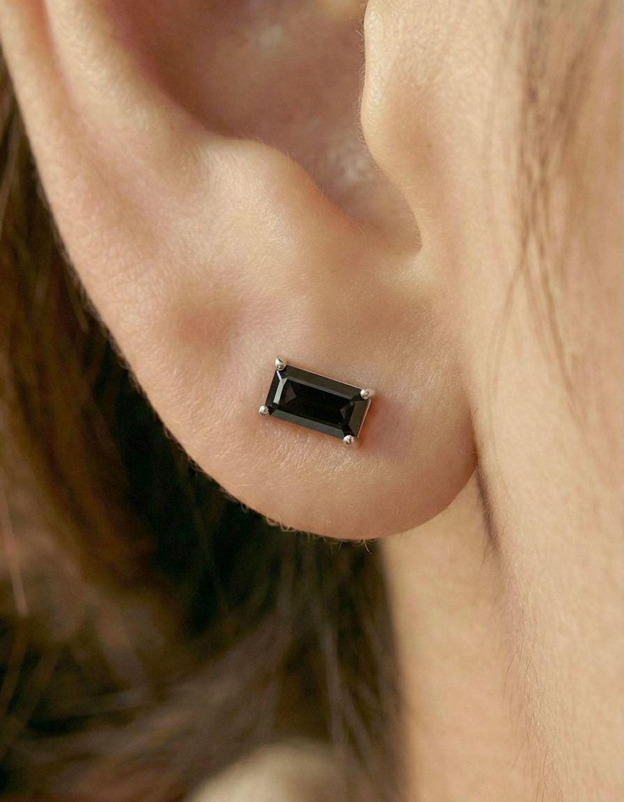 Emerald Cut Black Diamond Stud Earrings, Minimalist Black Gemstone Earrings, Luxury Birthday Anniversary Gift for Her