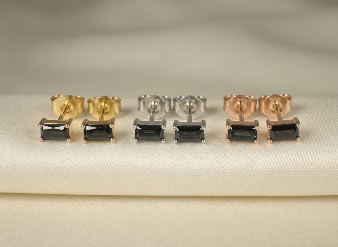 Emerald Cut Black Diamond Stud Earrings, Minimalist Black Gemstone Earrings, Luxury Birthday Anniversary Gift for Her