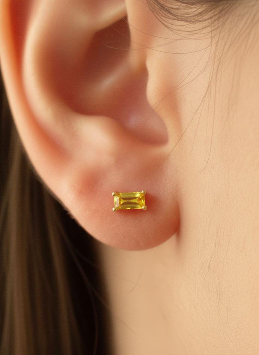 Emerald Cut Yellow Sapphire Stud Earrings, September Birthstone Jewelry, Dainty Gemstone Earrings, Mother’s Day Gift for Her