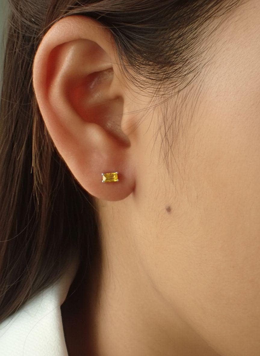Emerald Cut Yellow Sapphire Stud Earrings, September Birthstone Jewelry, Dainty Gemstone Earrings, Mother’s Day Gift for Her