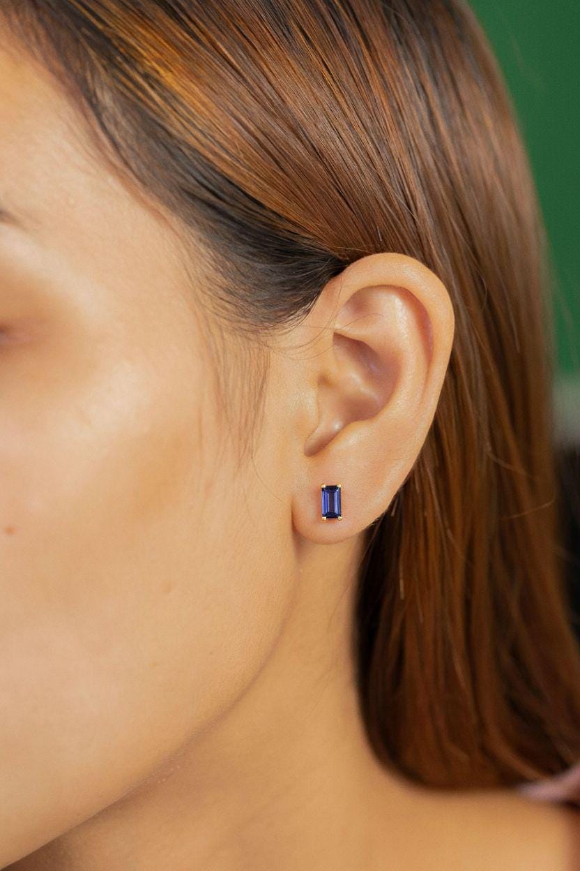 Tanzanite Stud Earrings Emerald Cut December Birthstone Anniversary Gift for Her Minimalist