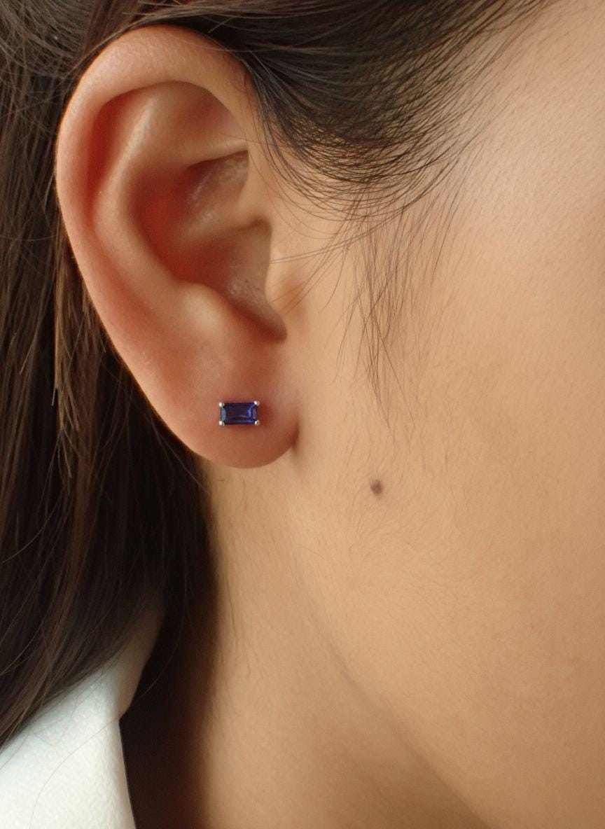 Tanzanite Stud Earrings Emerald Cut December Birthstone Anniversary Gift for Her Minimalist