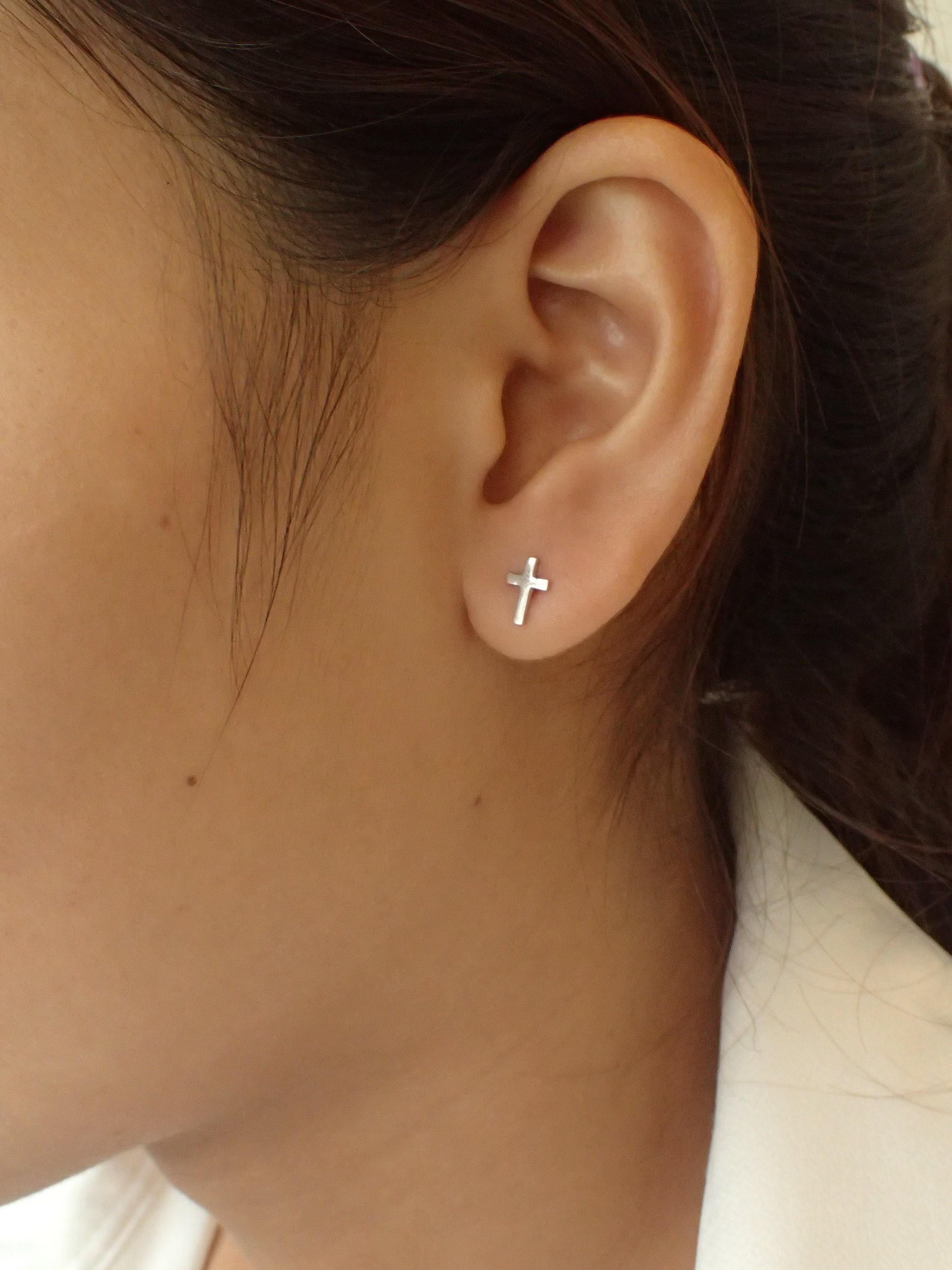 Gold Cross Stud Earrings for Baptism Gift | Dainty Christian Earrings | First Communion Jewelry | 18K Gold Religious Studs