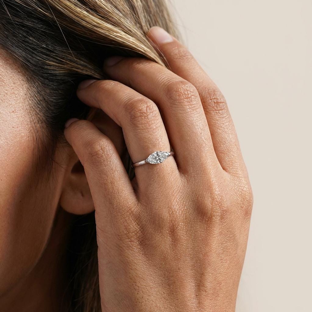 East West Marquise CZ Travel Ring | Minimalist Solitaire Engagement Ring | Vacation Replacement Ring | Dainty East West Marquise Ring